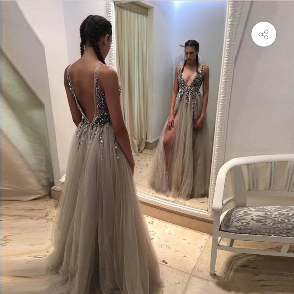 Deep V grey sequin gown